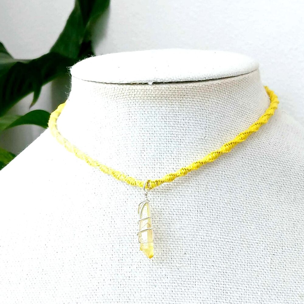 Aura Quartz Macrame Crystal Choker Necklace, Yellow Dainty Boho Chic Minimalist